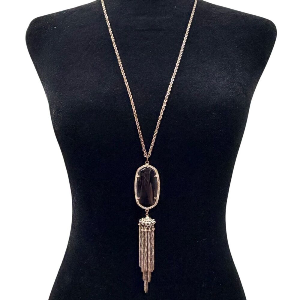 Kendra Scott Rayne Long Tassel Pendant Necklace Gold Tone Smoky Quartz Grey